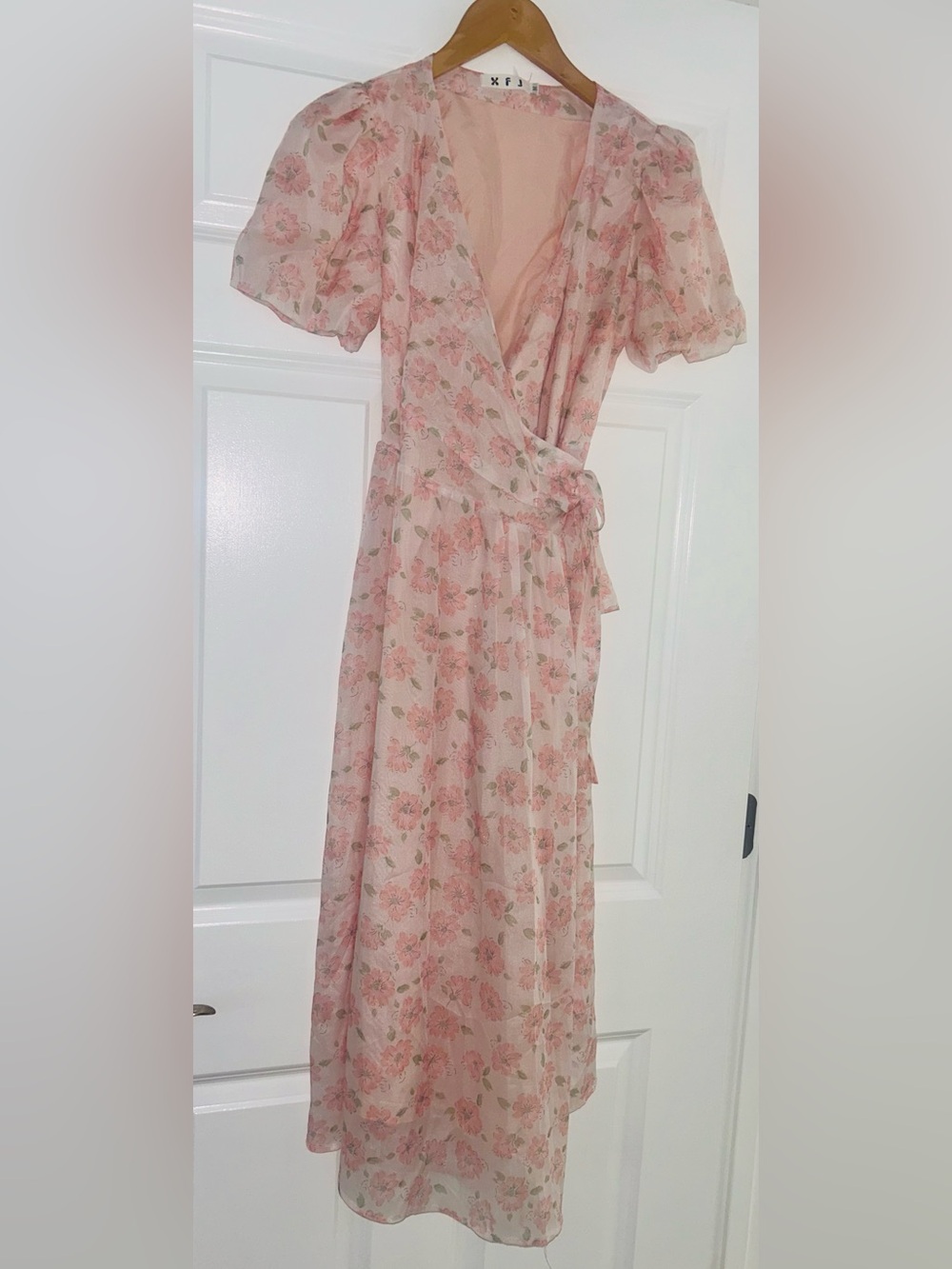 XFJ Womens Pink Floral Wrap Dress V-Neck Midi Short Puff Sleeve Tie Waist Small